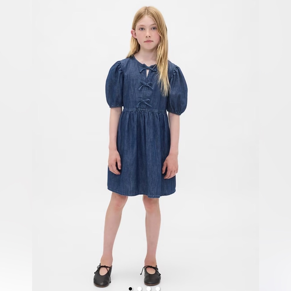 Kids Poplin Puff-Sleeve Denim Dress NWT